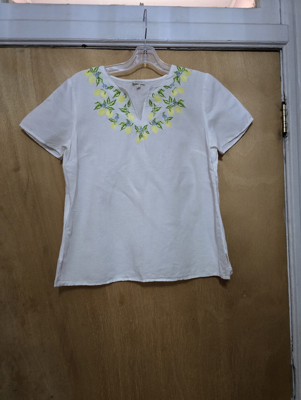Talbots Women's White Embroidered V-Neck Top with Yellow Floral Detail